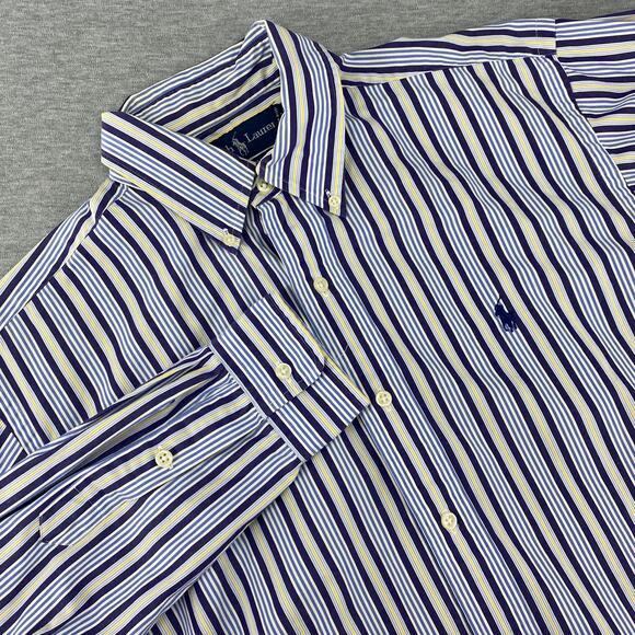 Ralph Lauren Custom Fit Button Down Long Sleeve Shirt Blue Yellow Striped Pony M - Picture 1 of 7